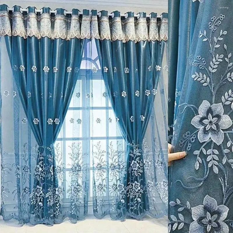 Rideau 1 panneau 140cm de largeur, Double couche européenne pour salon chambre à coucher, fleur de luxe brodée avec cantonnière