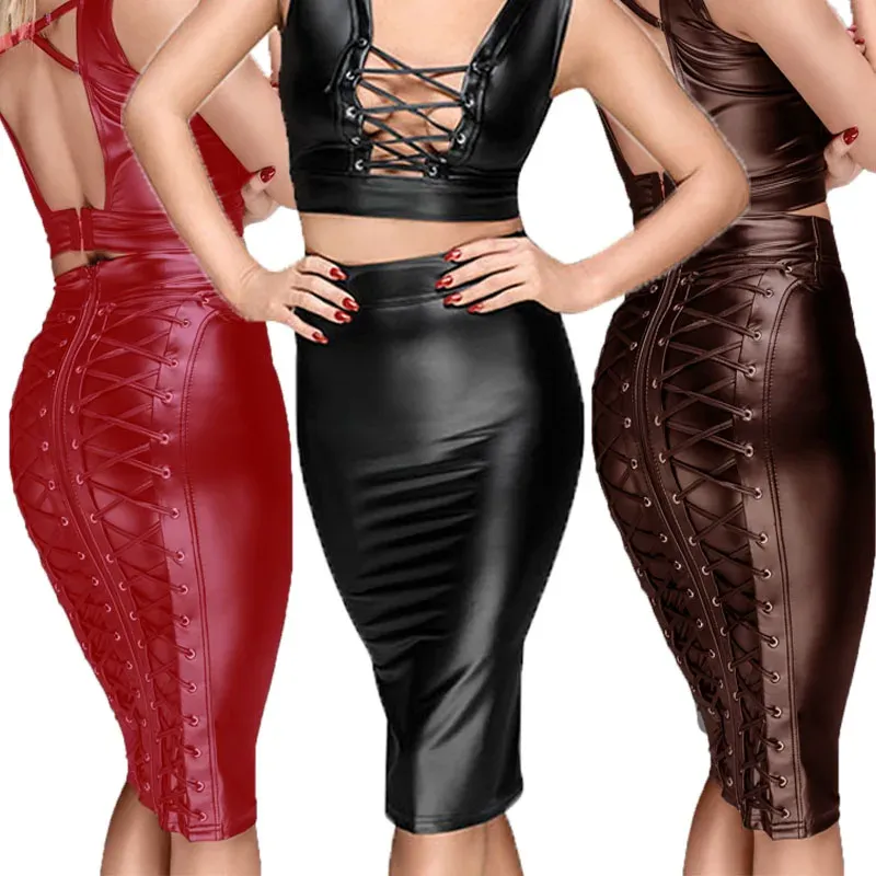 Vestidos góticos saias de couro faux sexy punk preto traseiro zíper de renda up wrap skirt skirt molhado look bodycon midi saias femininas