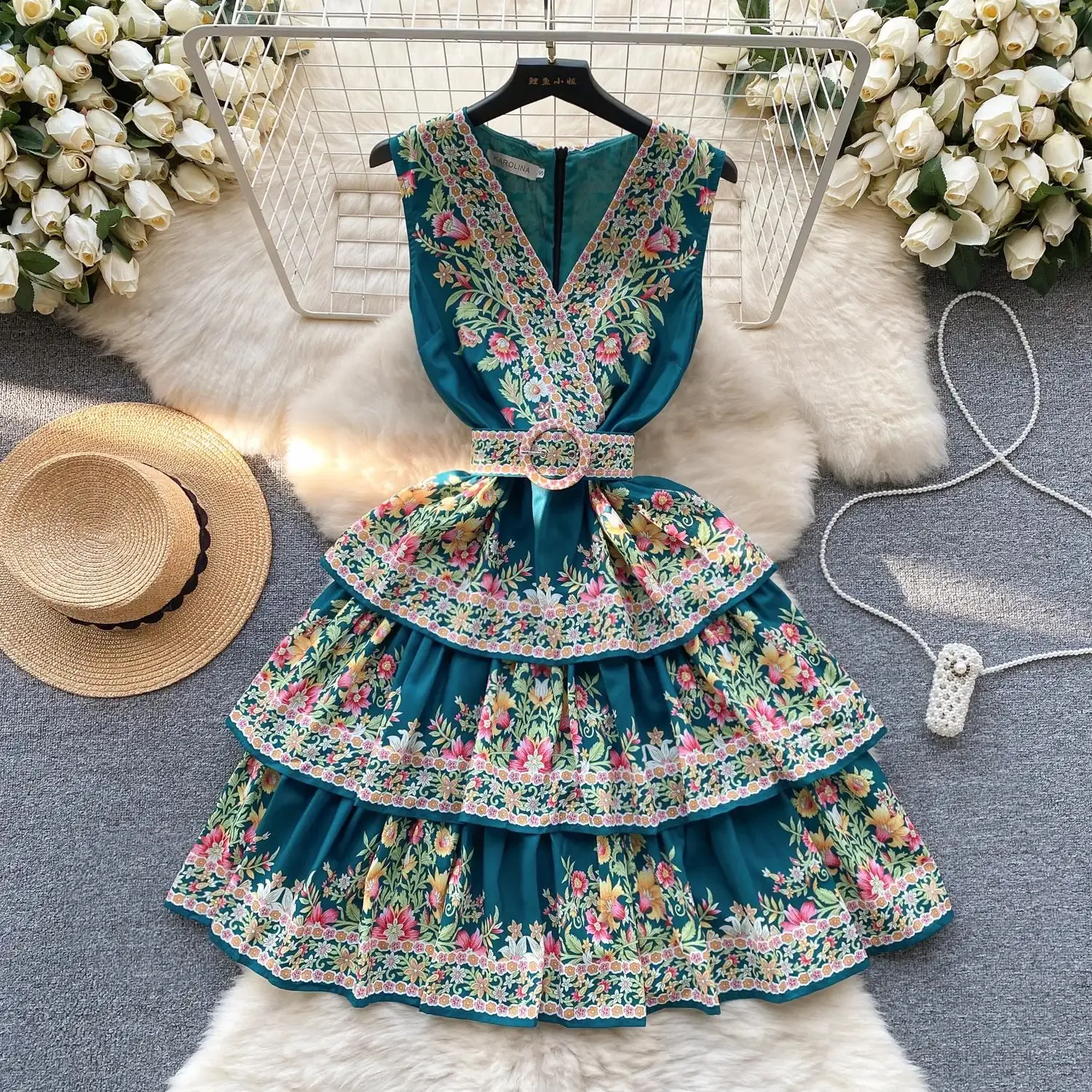 Summer Vacation Style Mini Dress with Cascading Ruffles, Floral Print Belt, and Multi-Layered Cake for Women