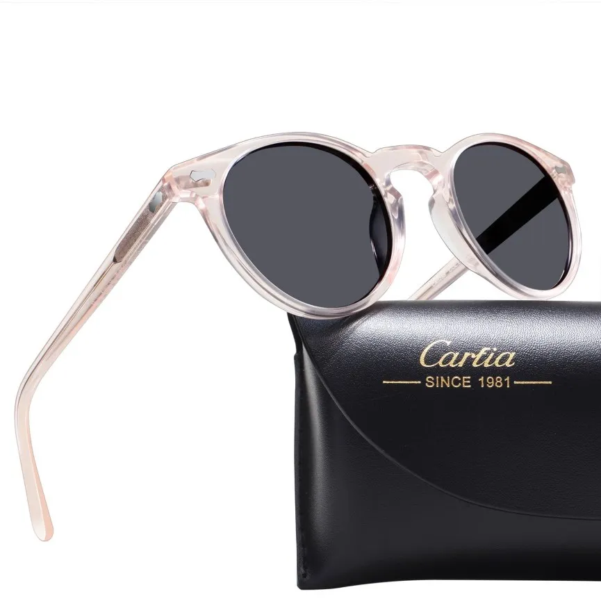 Carfia Gafas de sol polarizadas para mujer, gafas de sol ovaladas con montura redonda, protección UV 400, gafas de resina acatate con caja 251C