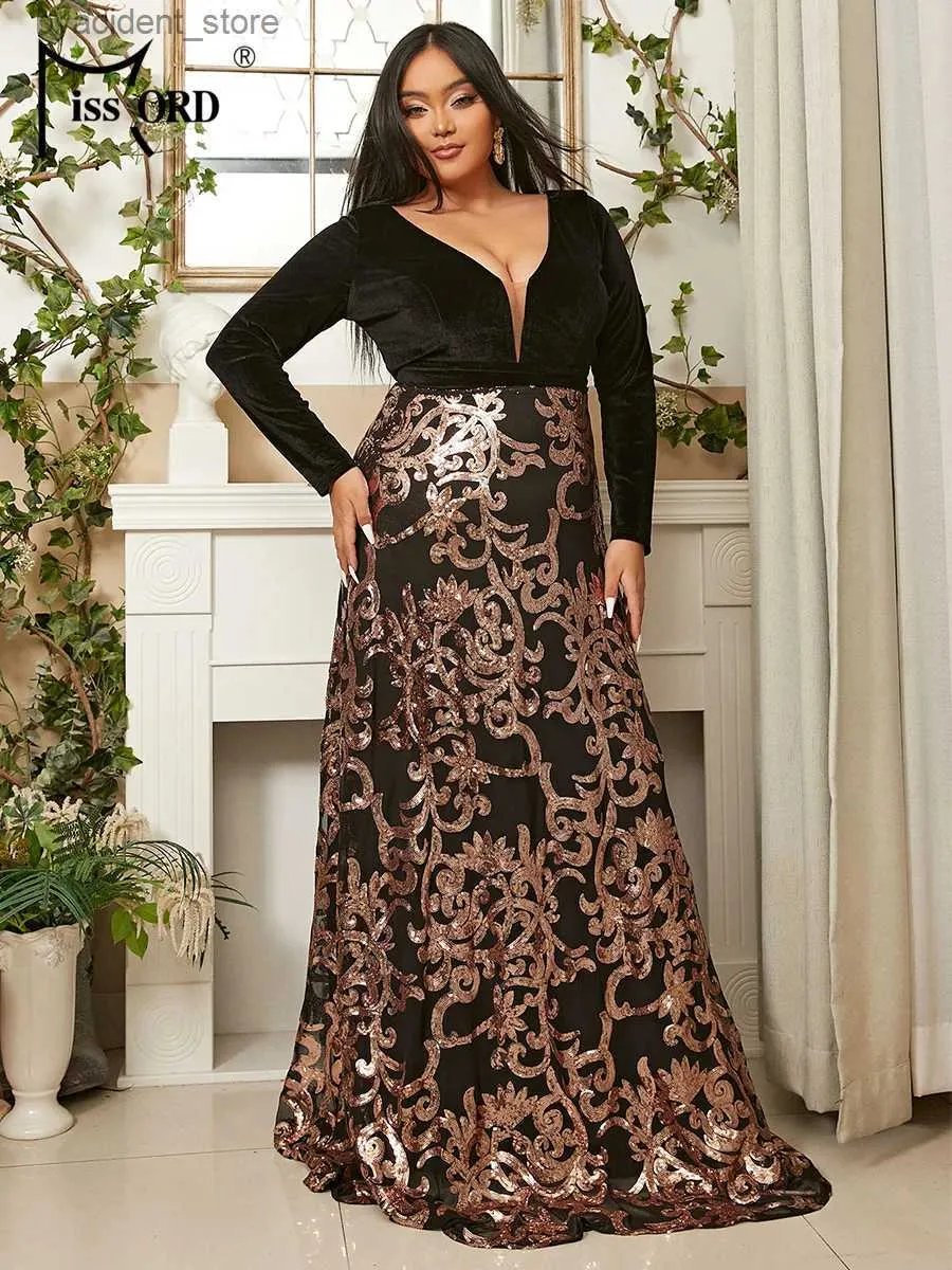 Urban Sexy Dresses Missord Schwarzer Samt Plus Size Abendkleid Damen Langarm V-Ausschnitt Pailletten A-Linie Maxi Party Ballkleider Weibliches formelles Kleid L240309