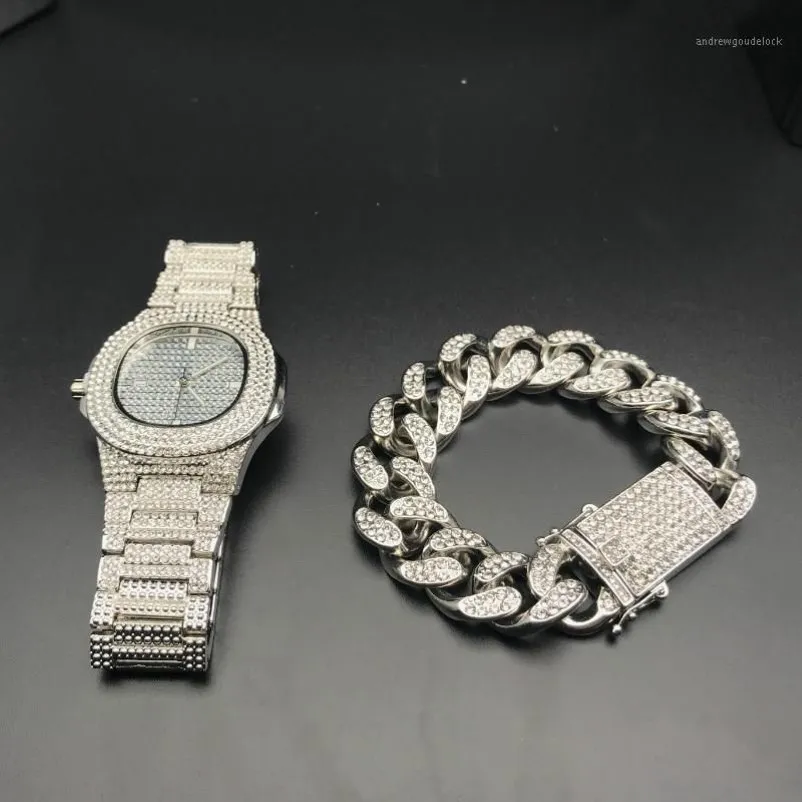 Hip Hop Mens Watches Armband Set Fashion Diamond Iced Out Cuban Chain Gold Silver Watch Set med Box 201912803