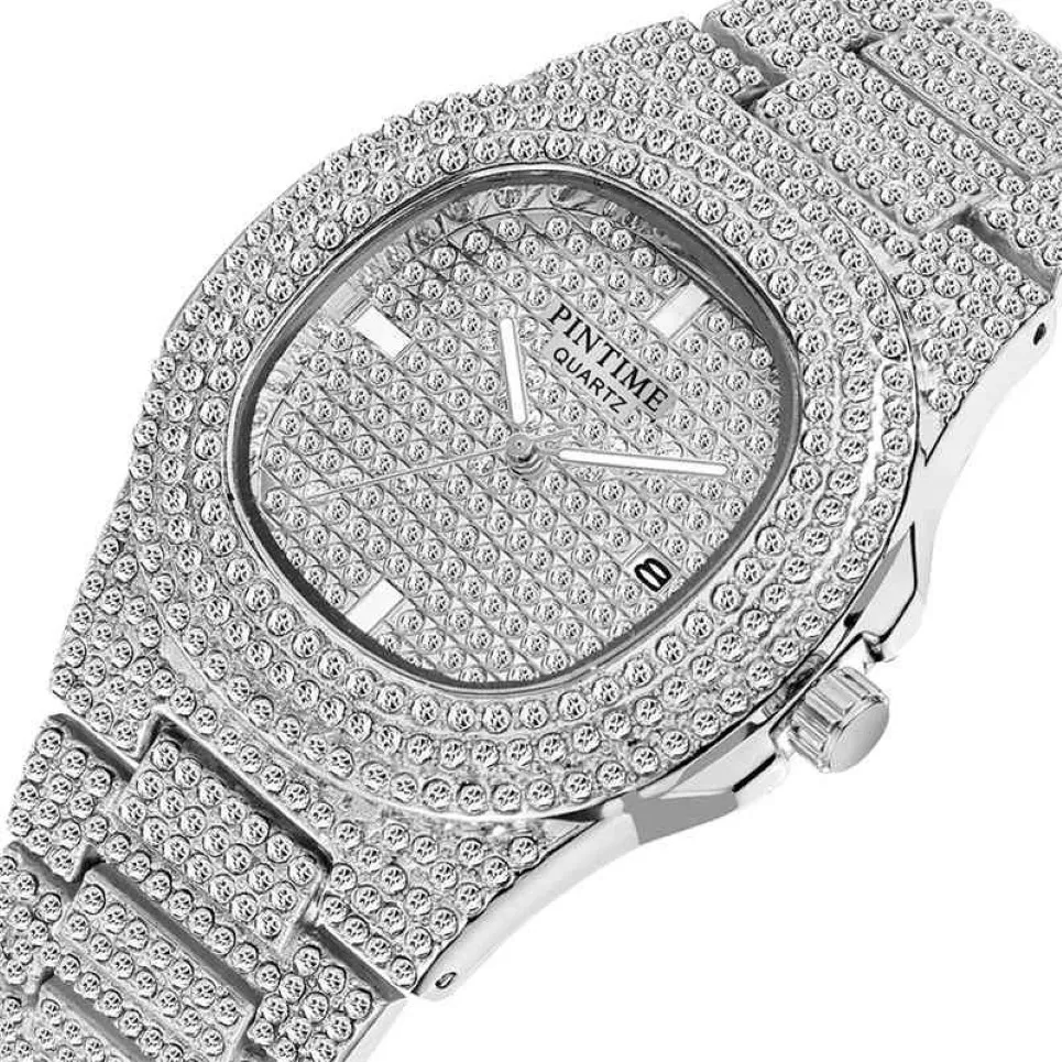 Drop Diamond Iced Out Horloge Mannen HIP HOP Quartz Gouden Heren Horloges Topmerk Luxe Stalen Mannelijke Klok Relogio Masculino 21033283