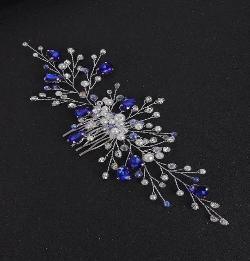 Tocados Accesorios para el cabello de boda de cristal azul Diamante de imitación Adornos románticos para mujer Diadema de novia Tocado nupcial Tiara Comb4779340