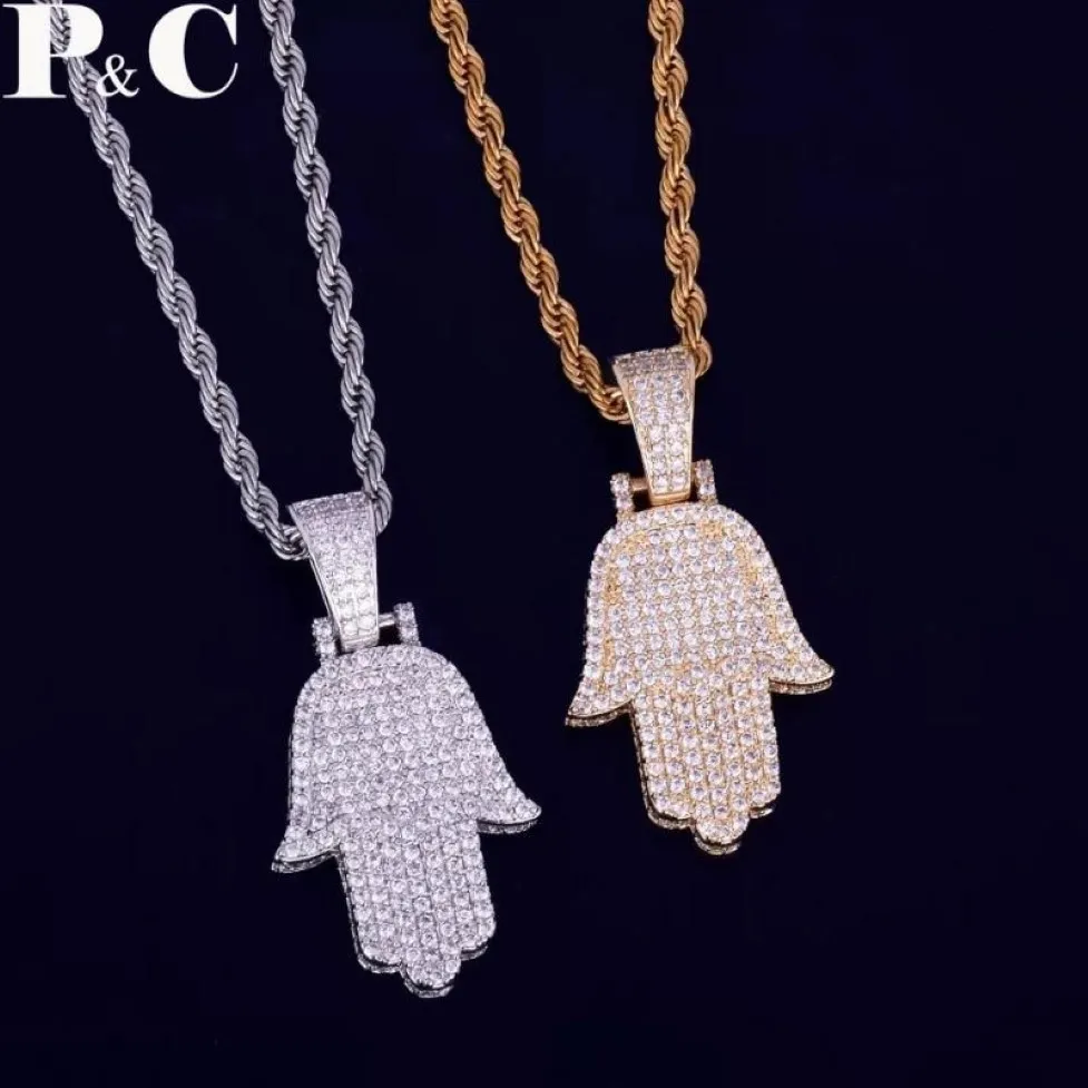 Fatima Hand Pendant Necklace Chain Steel Cuban Chain Gold Silver Color Cubic Zircon Men's Hip Hop Jewelry for Gift317U