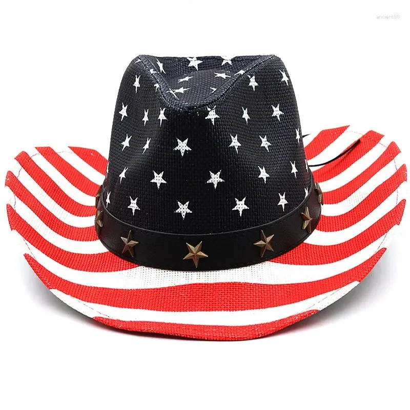 Bérets Mode Drapeau Américain Western Cowboy Chapeau Été Paille Soleil Pour Femmes Hommes Sombrero Hombre Jazz Caps