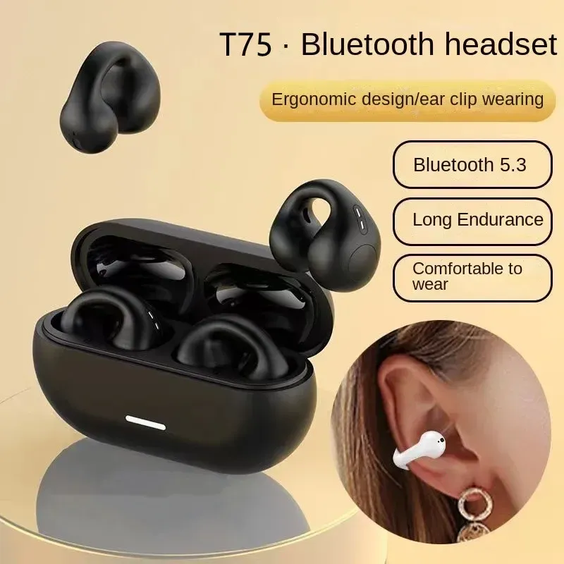 Ultra Open Ear Earbuds, Bone Conduction Headphones Clip-On Wireless Earphone Bluetooth 5.3 With 4 HD Mics Ultra Lightweight Comfort For