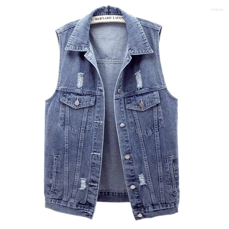 Gilets pour femmes Coréen Vintage Bleu Trous Denim Gilet Femmes Gilet Lâche Mi Longueur Cowboy Veste Sans Manches Grande Poche Lavage Jeans Femme