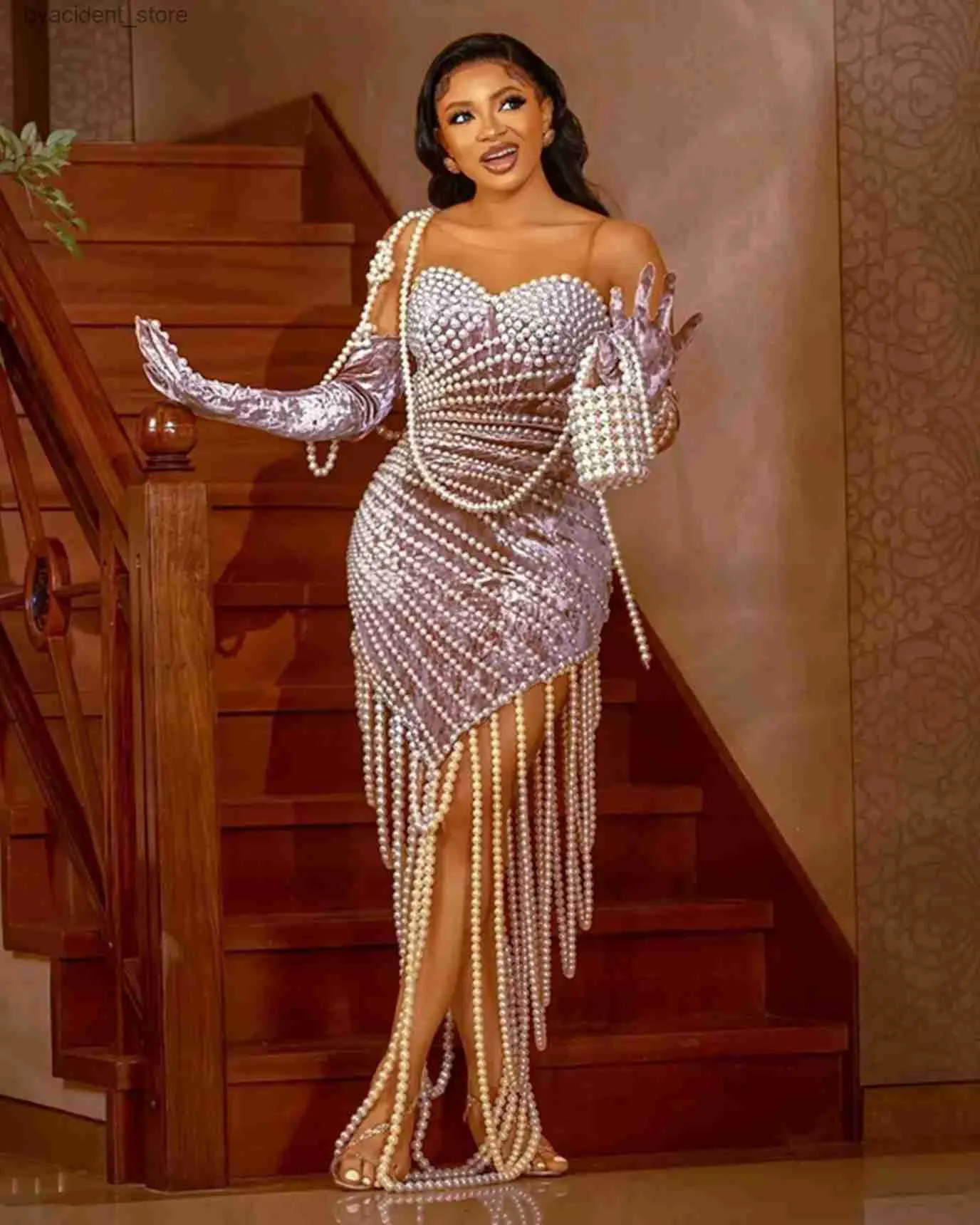 strapless open back dress Pearl-Beaded Cocktail Dress – PatBO