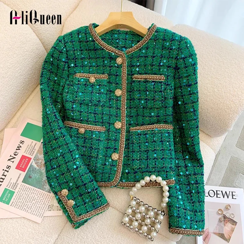 Caída de las señoras coreanas de alta calidad a cuadros verdes o cuello Tweed lentejuelas chaquetas abrigo elegante prendas de vestir exteriores mujeres bolsillo chaqueta corta de invierno 240226