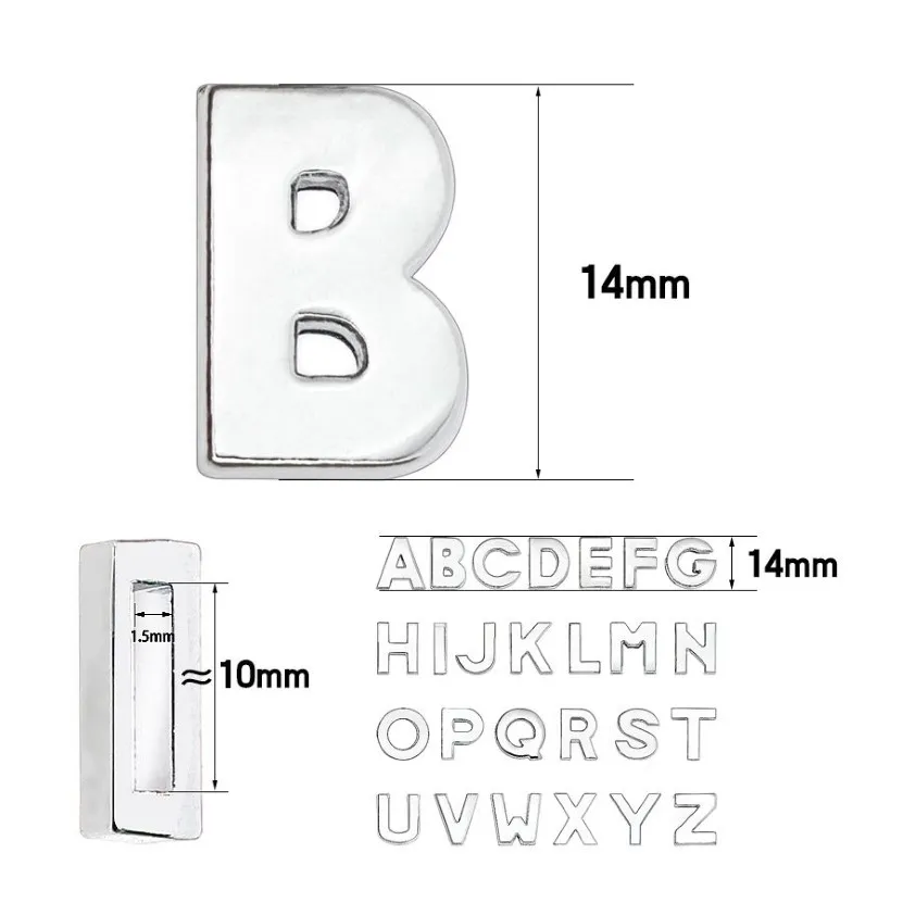 1300 pz / lotto 10 mm Plain Slide lettera A-Z colore argento cromato charms fai da te alfabeto inglese adatto per portachiavi con cinturino in pelle da 10 mm269M