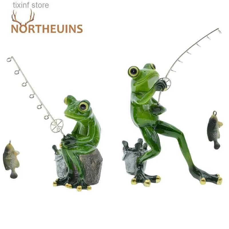 Decorative Objects Figurines NORTHEUINS 2 Pcs Resin Fishing Frog Figurines Modern Nordic Creative Home Decorative Accessories For Study Desktop Ornament Gift T24