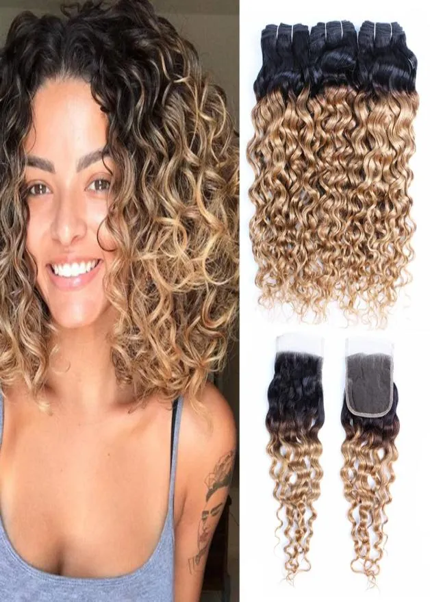 1B 27 Ombre Blonde Bouclés Faisceaux de Cheveux avec Fermeture Brésilienne Vague d'eau cheveux 4 Faisceaux Avec Fermeture À Lacets Remy Extension de Cheveux Humains5575819