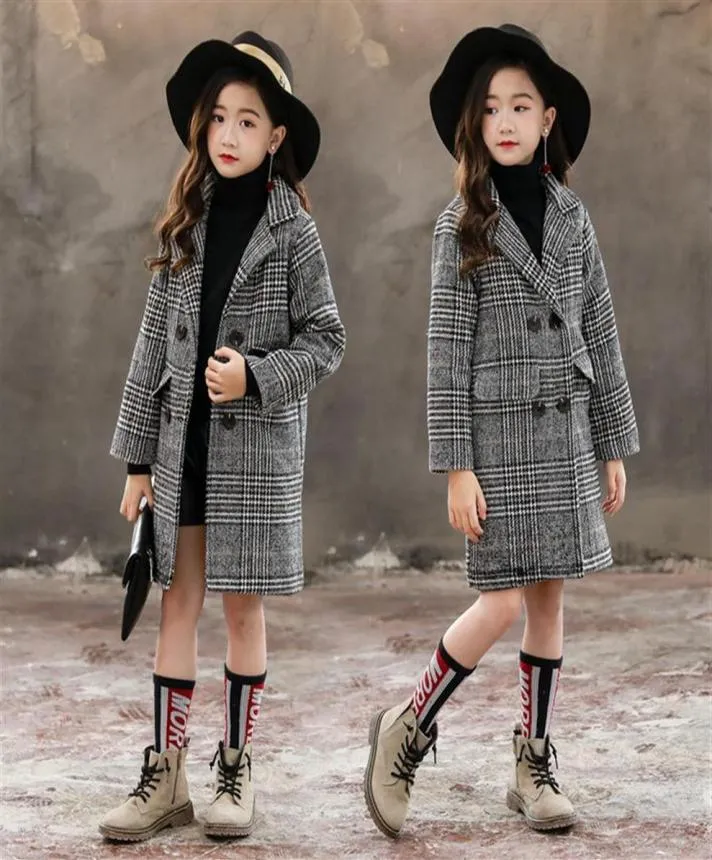 Meninas casaco outono inverno coreano grande crianças039s casaco de lã bolso versão cinza xadrez houndstooth outerwear roupas lj201125 88751119