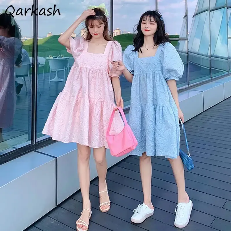 Dress Dress Women Princess Sweet Loose Square Collar Puff Sleeve Summer Ladies Sundress Candy Color Leisure Holiday Party Trendy Folds