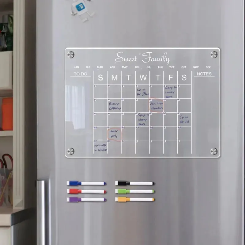 Autocollant magnétique pour réfrigérateur, calendrier hebdomadaire, planificateur magnétique effaçable à sec, calendrier en acrylique transparent, menu de messages pour réfrigérateur 240228