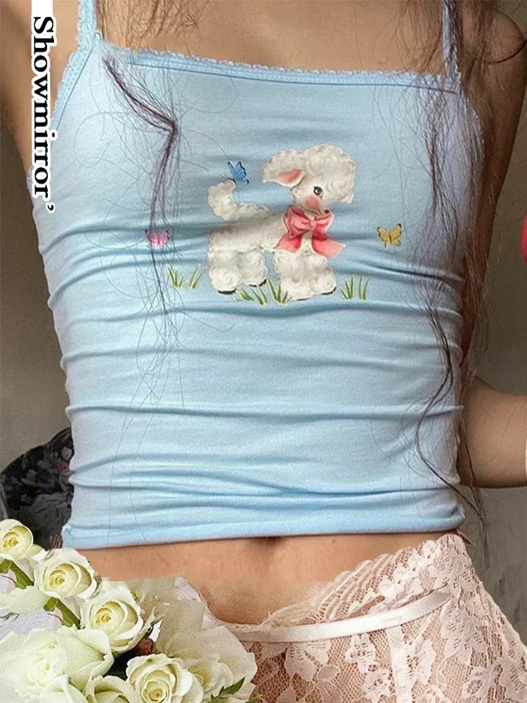 Camiseta Showmirror 2023 Baby Blue Camisole Streetwear Mujeres Vintage Lindo Animal Impreso Sin tirantes Crop Tank Tops Y2k 90s Party Vest Lindo