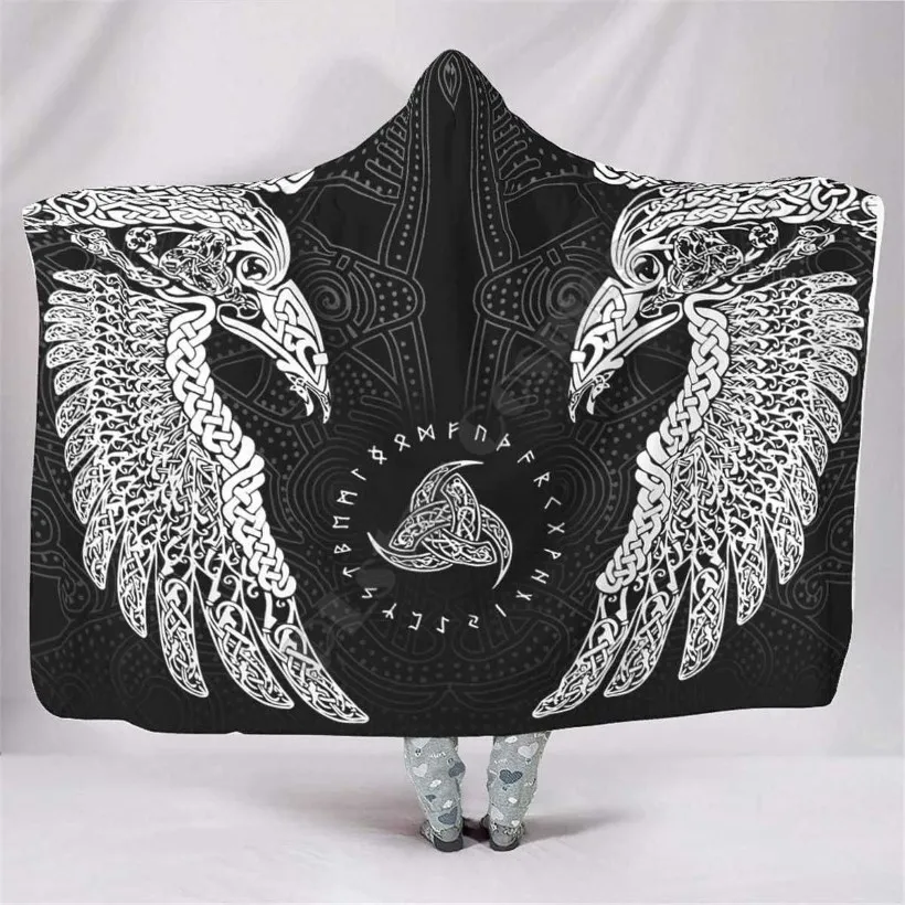 Twin Ravens in Norse Mythology Viking 3d printed Hooded Blanket Adult child Sherpa Fleece Wearable Blanket Microfiber Bedding 2110236F