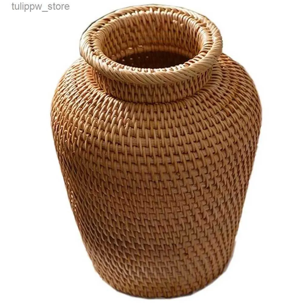 Vases er Basket Rattan Hanging Flowerpot Flower Basket Storage Basket er Vase Rustic Woven Flower Basket Pot L240309