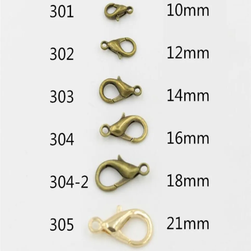 Hela 1000pcs imitation rodium pläterat 10mm 12mm 14mm 16mm 18mm 21mm 23mm 24mm zinklegering hummer clasps krokar smycken findi332n