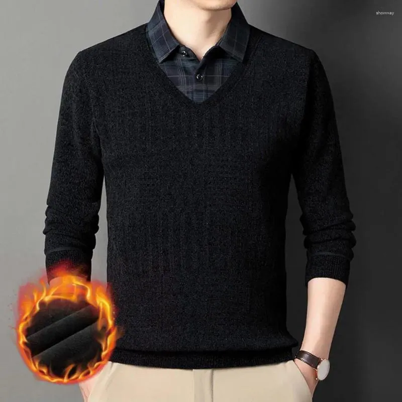 남자 스웨터 남성 스웨터 가을 상단 격자 무늬 프린트 인쇄 버튼 겨울 중반에 두꺼운 플러시 따뜻함을 가진 탄성 풀오버