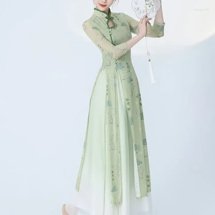 Vêtements ethniques Cheongsam Costume de danse classique Fée Robe de pratique quotidienne Lâche Gaze fluide Performance chinoise Stage Dancewear