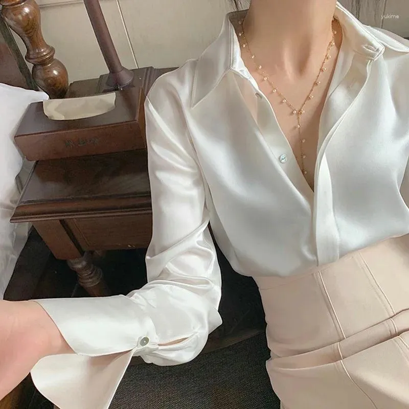 Blusas femininas lksk 2024 camisa de cetim manga comprida francês moda cor sólida escritório elegante roupas coreanas