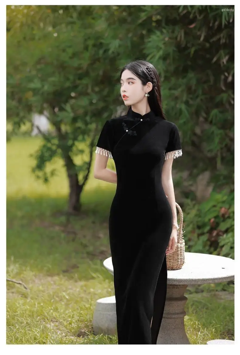 Ethnische Kleidung 2024 Elegante Frauen Cheongsam Chinesischen Traditionellen Schwarzen Split Kleid Vintage Kostüm Lange Kleider Sexy Qipao Farbe 2XL