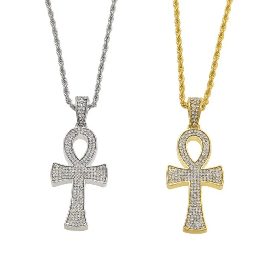 Egyptian Ankh Key of Life Gold Silver Cross Pendant Necklace Chain Bling Full Rhinestone Crystal Cross Pendant Punk Jewelry2491