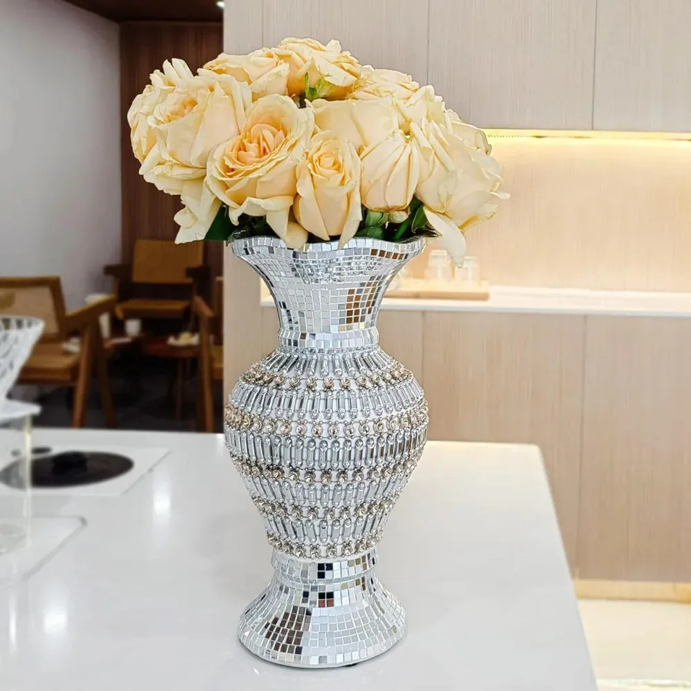 Vaso de prata grandes vasos de cerâmica incrustados com strass vasos de flores de luxo presente ideal para o dia dos namorados decoração vaso de cerâmica 240229