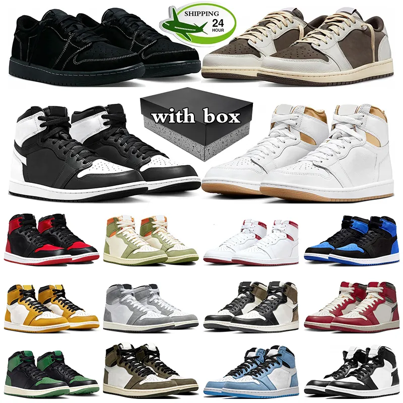 Med Box Jumpman 1 basketskor 1s J1 Låg sneakers Womens Reverse Mocha Olive Black Phantom Panda Satin Bred Men Celadon Yellow ockra Trainers Sports Sport