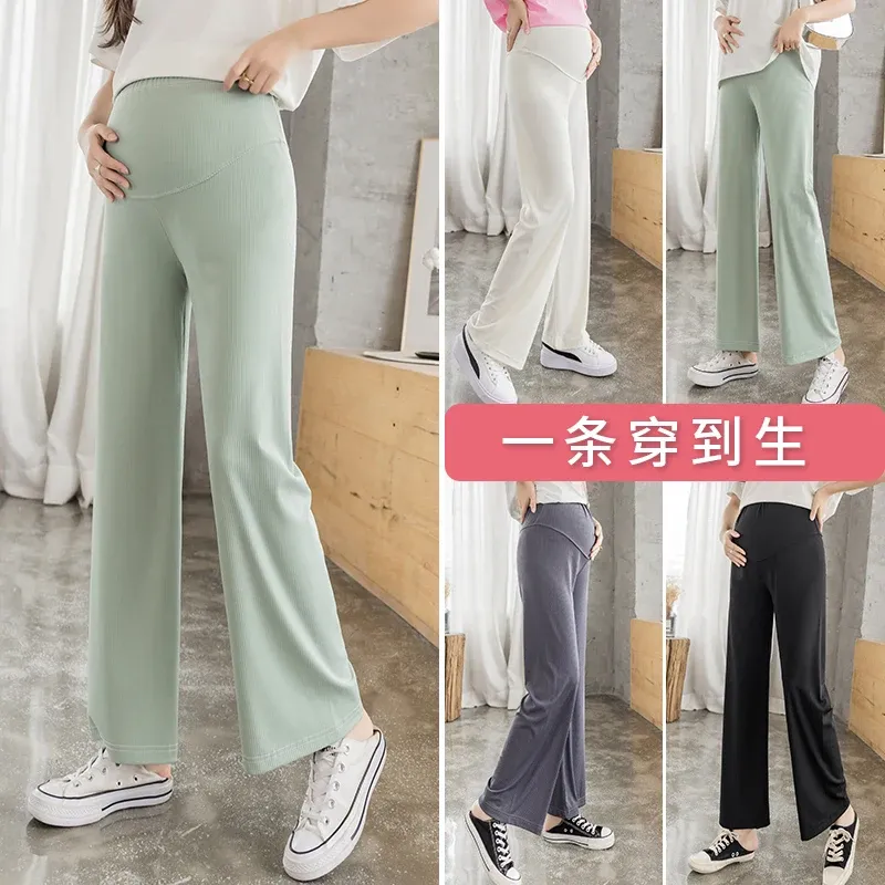 Capris Summer Thin Ice Maternity Long Paints Wide Leg Loose Elastic Waist Belly Clasut