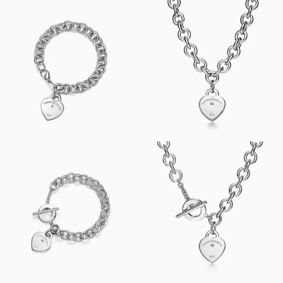 T Designer coeur pendentif tag collier bracelet boucles d'oreilles femmes marque de luxe bijoux classique mode 925 sterling argent rose 239I