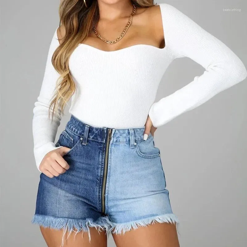 Damen-Shorts, Sommer-Frauen, langer Reißverschluss, hohe Taille, Denim-Jeans