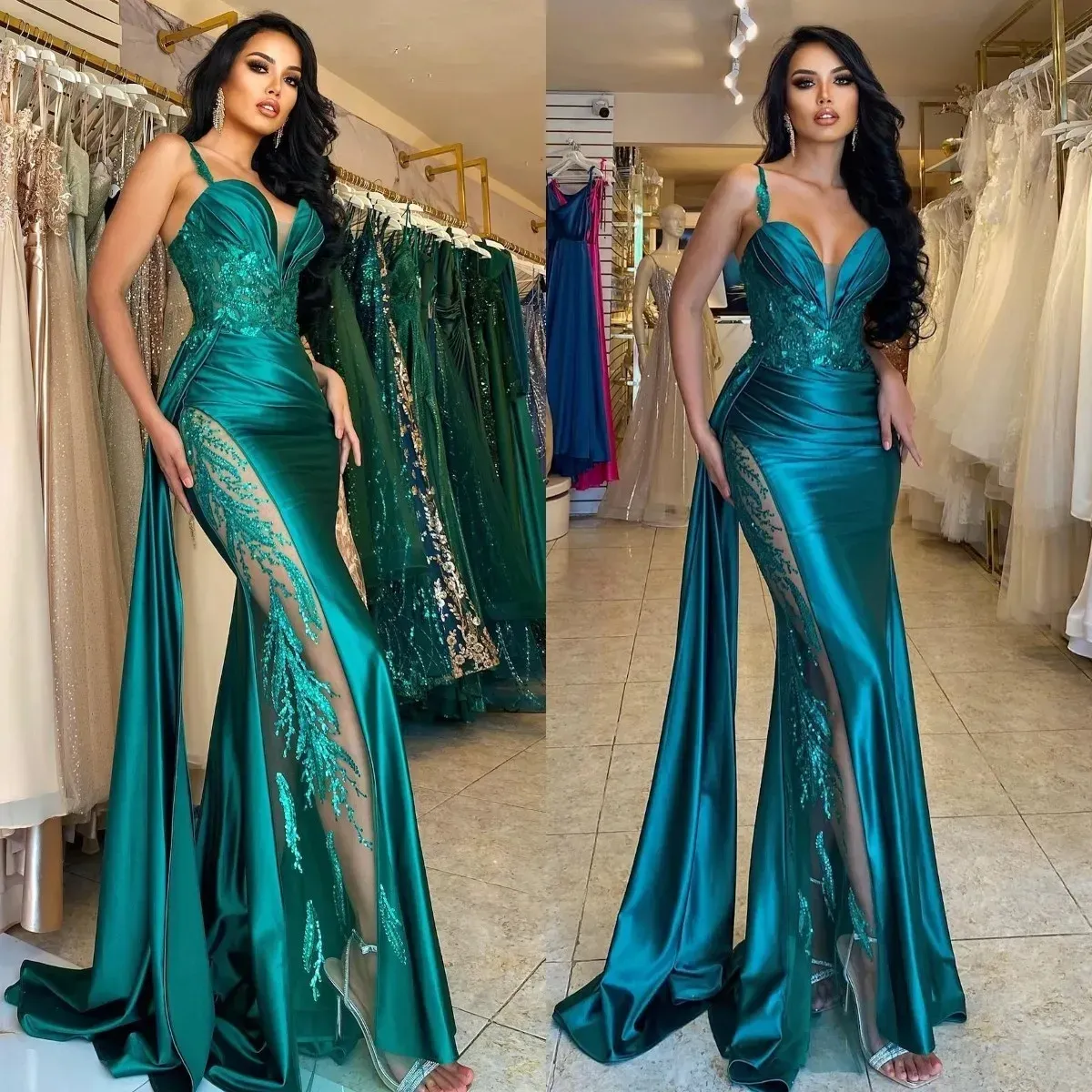 Sexy Emerald Green Prom Dresses Illusion Side Sequins Evening Gowns Pleats Formal Red Carpet Long Special Occasion dress YD