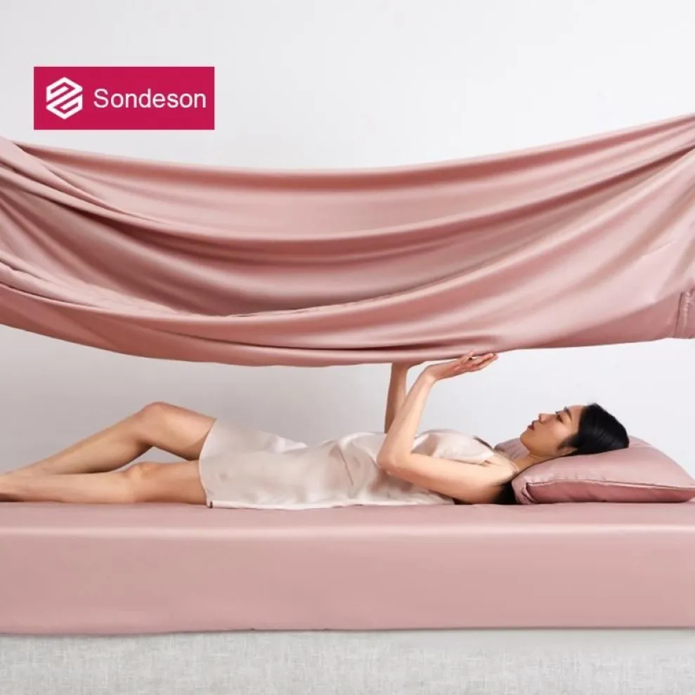 시트 세트 Sondeson Luxury Pink 100% 실크 피트 시트 25 Momme Healthy Beauty Queen Queen Bed with elastic 밴드 케이스 수면 229G