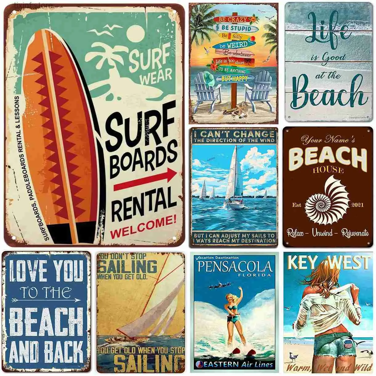 Metallmalerei Retro Life is Good At The Beach Surfen Segeln Metallblechschilder Vintage Poster für Bars Man Cave Cafe Pub Clubs Home Wall Decor T240309