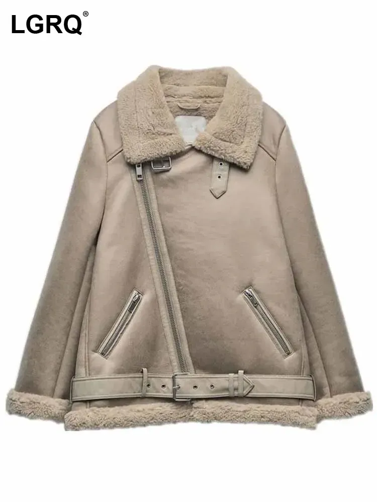 Jackets LGRQ 2024 Winter Fashion Shearling Coat Women's Asymmetric Zipper Design Trendy Street Thermal Stand Neck Leather Jacket 19Z1054