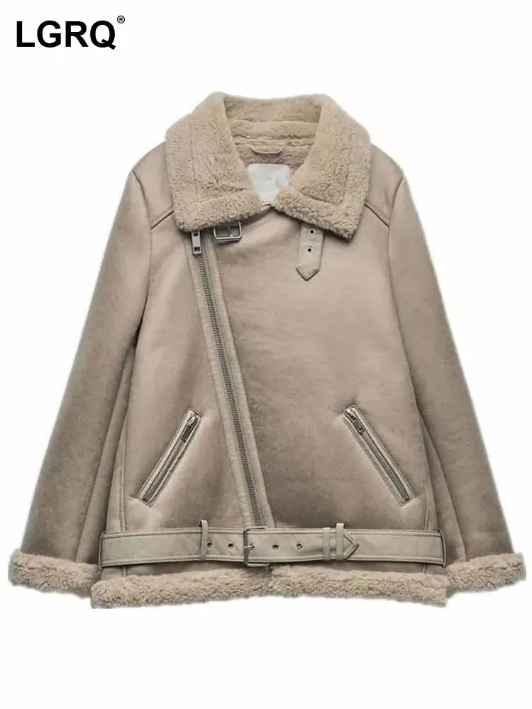 Jaquetas LGRQ 2024 Moda Inverno Shearling Casaco Feminino Assimétrico Zipper Design Trendy Street Thermal Stand Pescoço Jaqueta de Couro 19Z1054