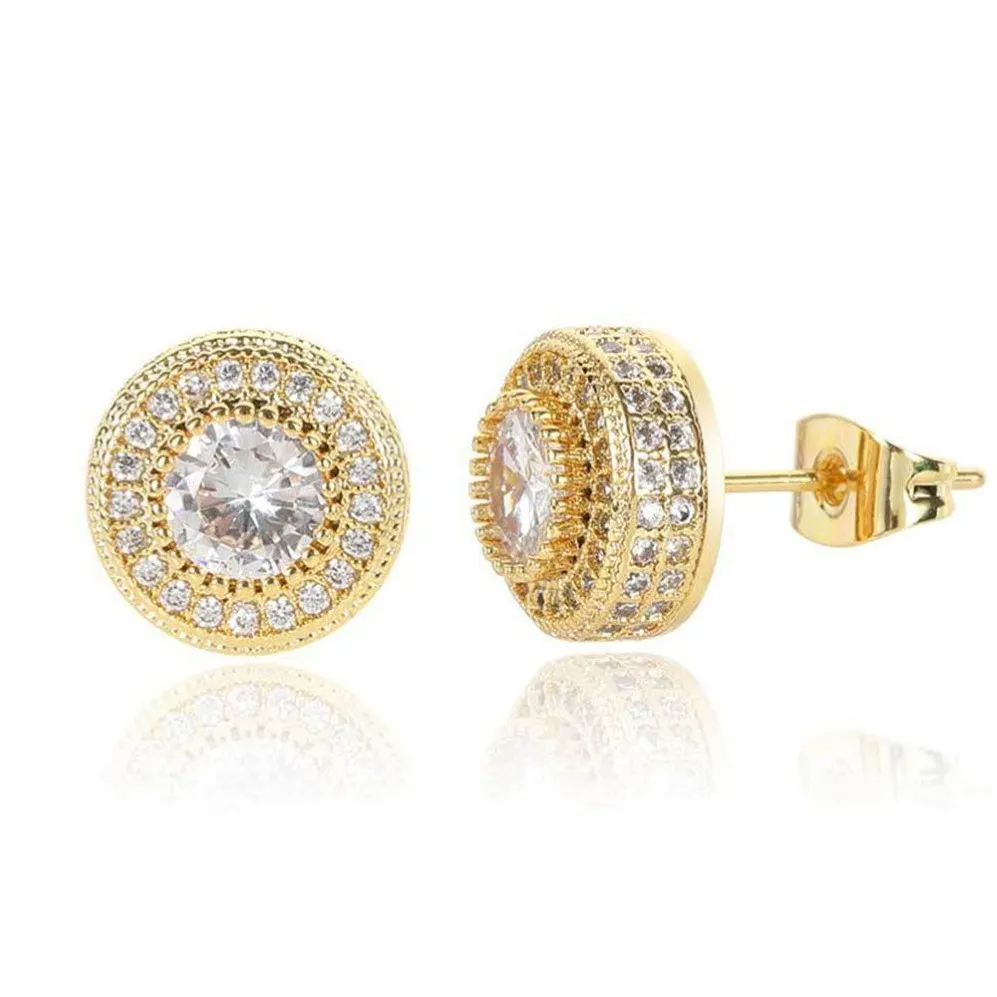 Unisex Stunning Round Cut Cubic Zircon Stud Earrings 1CM Diameter HipHop Brass Drop shiping Jewellery for Man Women250t