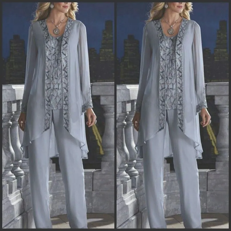 2019 New Mother Of The Bride Groom 3 Piece Pant Suit Silver Chiffon Beach Wedding Mothers Dress Long Sleeves Beads Formal Evening 275W
