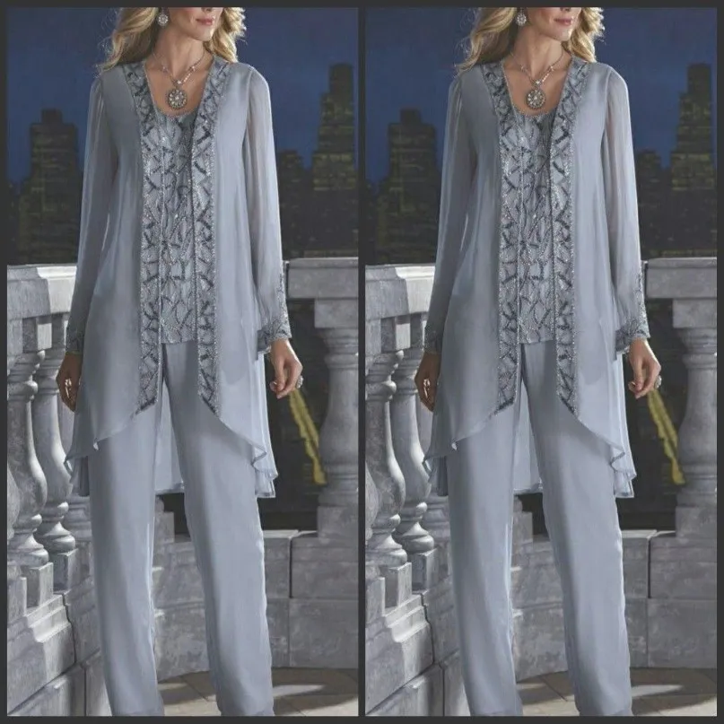 2019 New Mother of the Bride Groom 3 -stycke Pantdräkt Silver Chiffon Beach Wedding Mothers Dress Longeepes Pärlor Formell kväll 275w