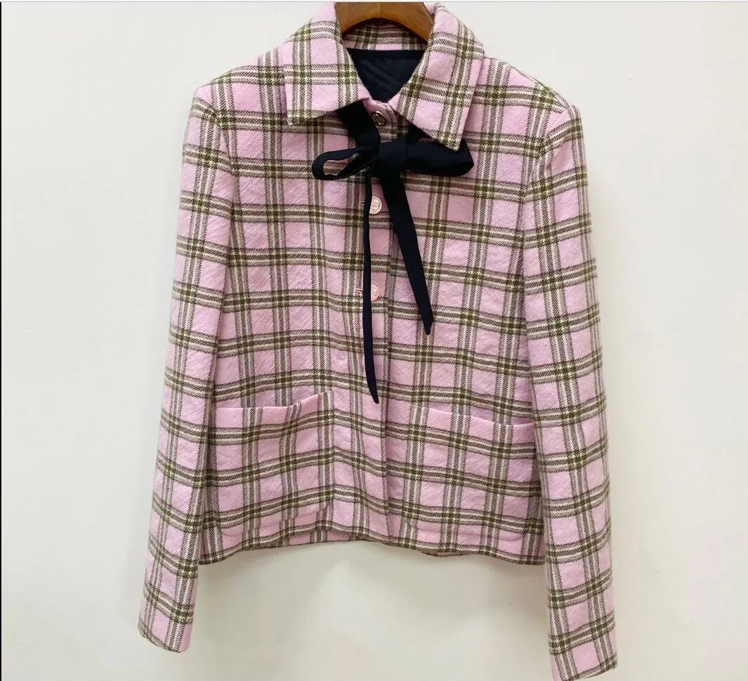 24 New Fadan Maje Pink Checkered Square Neck Lace up Short Coat Top+High Waist Pleated Half Skirt