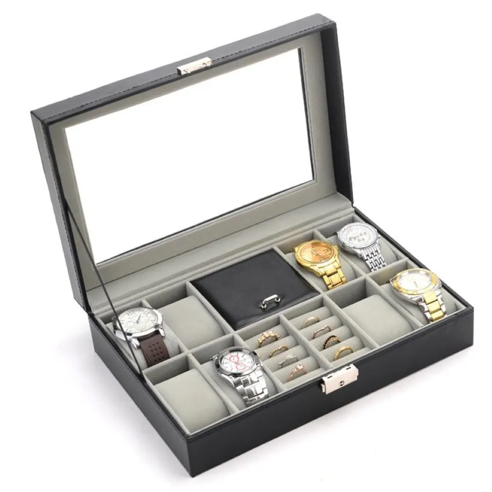 Fashion Black Leather 8 Grids Watch Box Ring Case Watch Organizer Smycken Display Collection Fase With Glass Cover2762