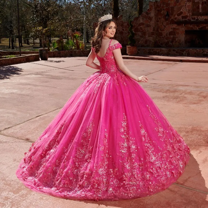 Watermelon Red Quinceanera Dresses Mexican Puffy Lace-Up corset Off Shoulder Applique Tull Luxury princess Vestidos 15 De XV Anos