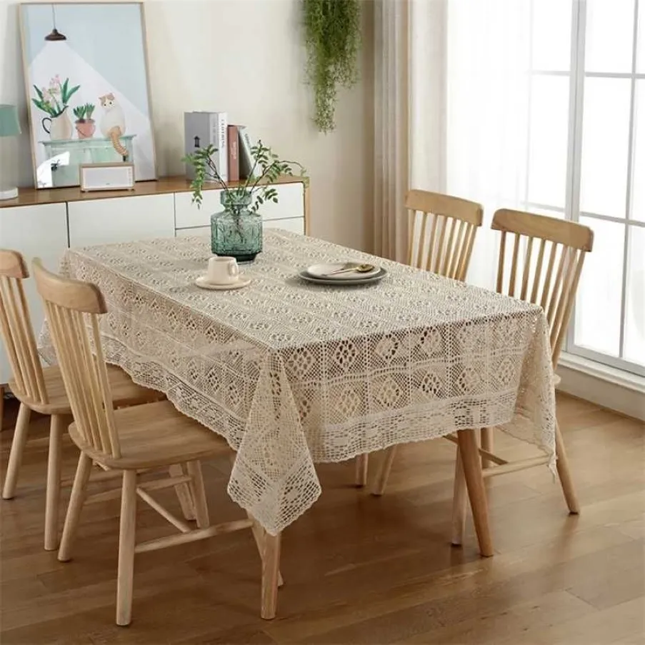 Crochet Hollow Tablecloth Home Decorative Rectangle Fabric Lace Beige Bedroom Coffee Table for Living Room Cover Cloth Mat 211103268g