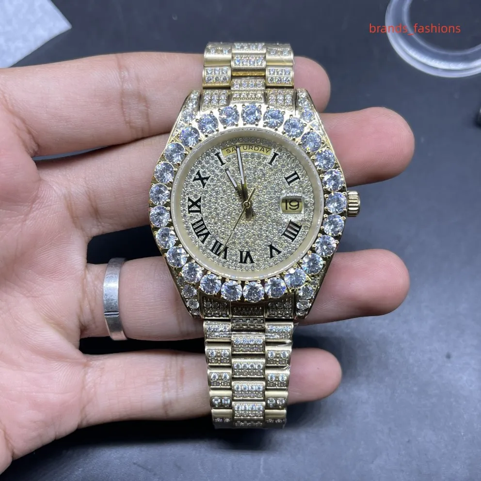 Popular Prong Set Men's Diamond Watch Size 43mm Gold Diamond Face Gold Stainless Steel Strap Watch Automatic Mechanical Wrist241M