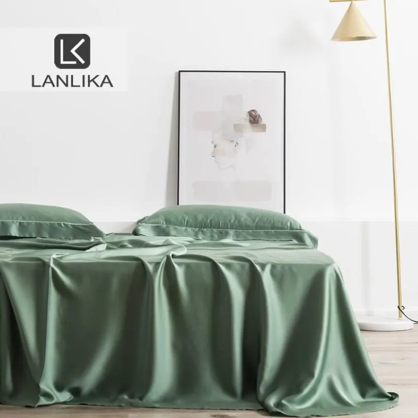 Ensembles de draps Lanlika vert adulte 100% soie 25 Momme tissu naturel linge de lit de luxe sain Double drap plat étui Euro Home Deco3242
