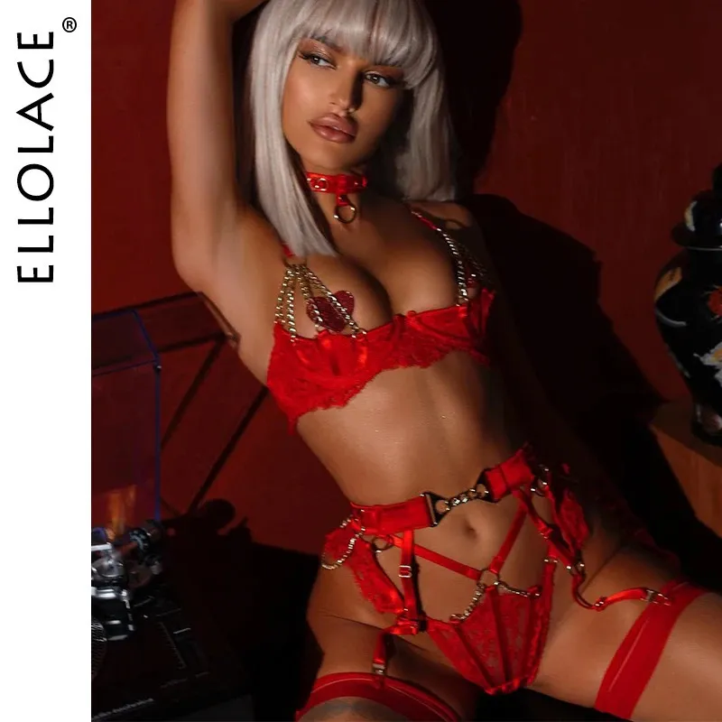 Ellolace Fancy underkläder Luxury Lace Push Up Half Cup BH med kedja Sexig röd delikat underkläder Valentine Sissy Intime 240305