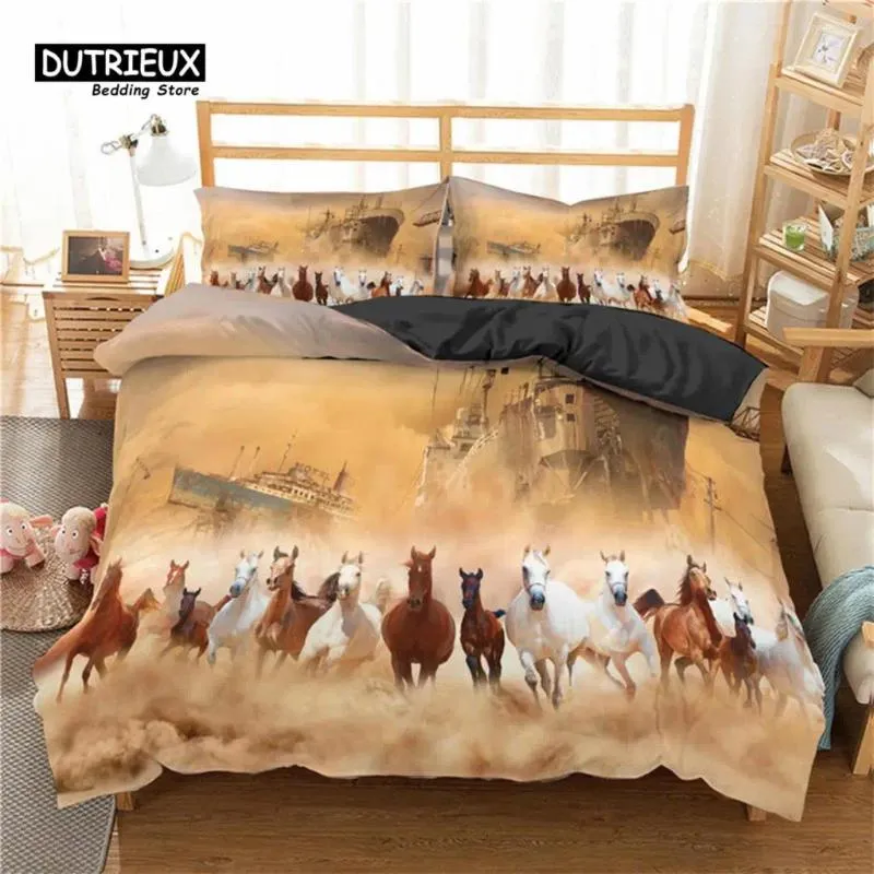 Conjuntos de cama Cavalos selvagens Capa de edredão Macio Animal Set Queen Size para Adultos Adolescentes Crianças Decoração Microfibra Western Cowboy Consolador